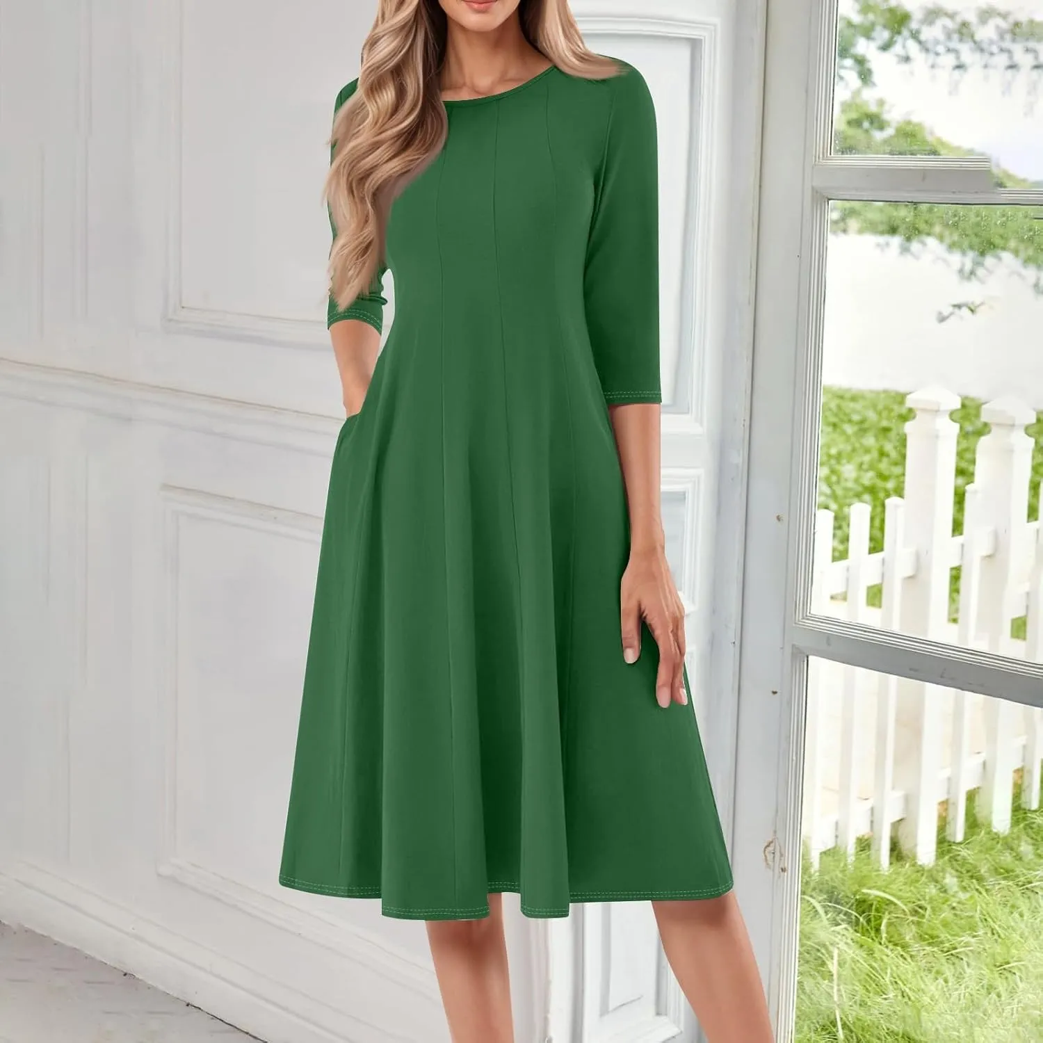 Womens Dress 3/4 Sleeve Summer Wrap Dress Plus Size Solid Plain Pleated Midi Dresses Spring Crewneck Dresses with Pocket