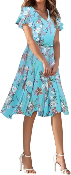 Womens Dresses for Wedding GuestSpring Long,Chiffon Midi Dress Below The Knee Length Ruffle Hem Dressess