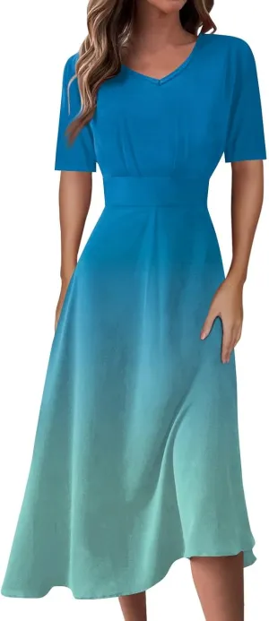 Women's Dresses Short Sleeve V Neck Shirt Dresses Plus Size Modest Floral Boho Dresses Casual Long Flowy Dresses