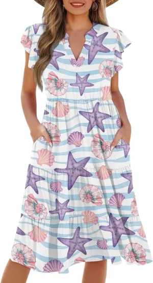 Women's Dresses V Collar Ruffle Sleeve Summer Flowy Dress Sleeveless Elegant Sundress Loose