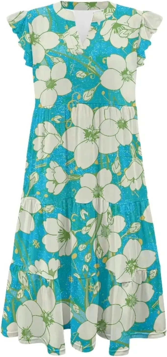 Women's Dresses V Collar Ruffle Sleeve Summer Flowy Dress Sleeveless Elegant Sundress Loose