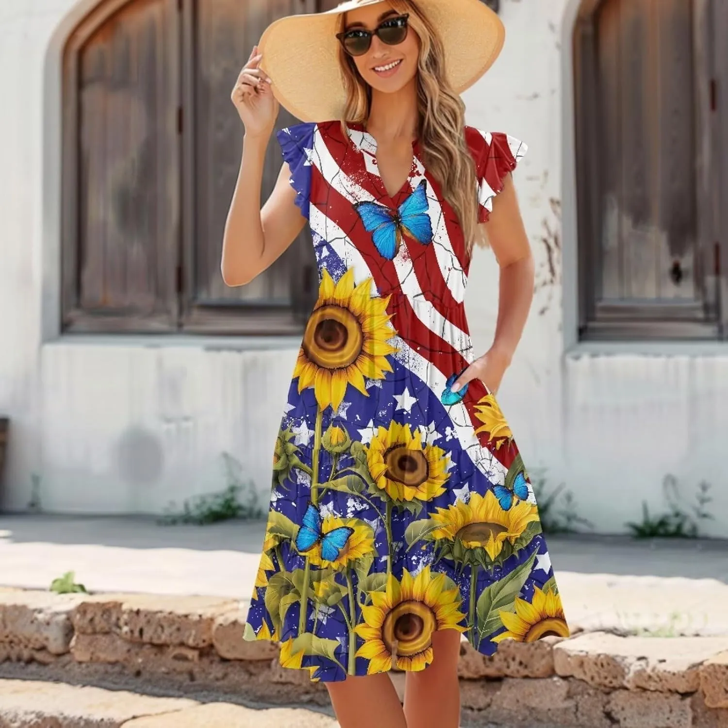 Women's Dresses V Collar Ruffle Sleeve Summer Flowy Dress Sleeveless Elegant Sundress Loose
