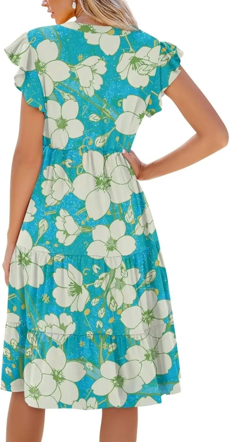 Women's Dresses V Collar Ruffle Sleeve Summer Flowy Dress Sleeveless Elegant Sundress Loose