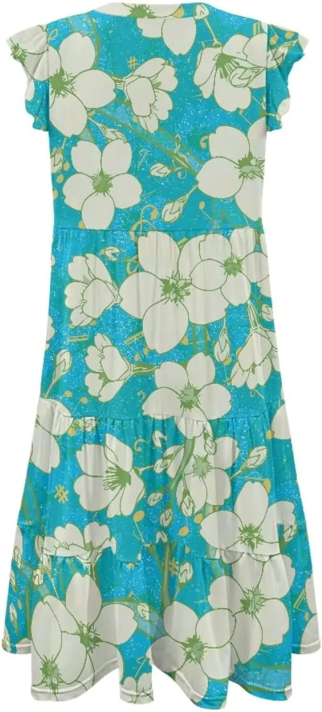 Women's Dresses V Collar Ruffle Sleeve Summer Flowy Dress Sleeveless Elegant Sundress Loose
