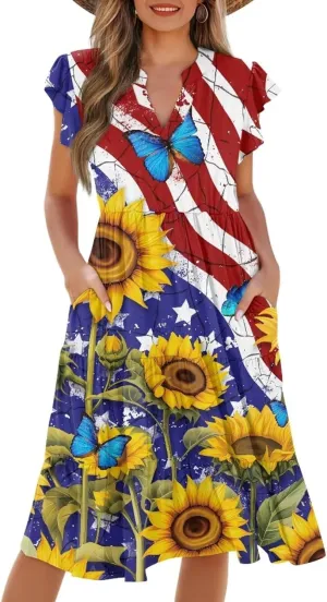 Women's Dresses V Collar Ruffle Sleeve Summer Flowy Dress Sleeveless Elegant Sundress Loose