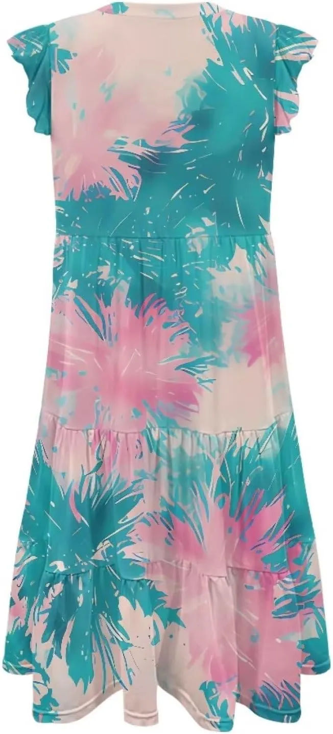 Women's Dresses V Collar Ruffle Sleeve Summer Flowy Dress Sleeveless Elegant Sundress Loose