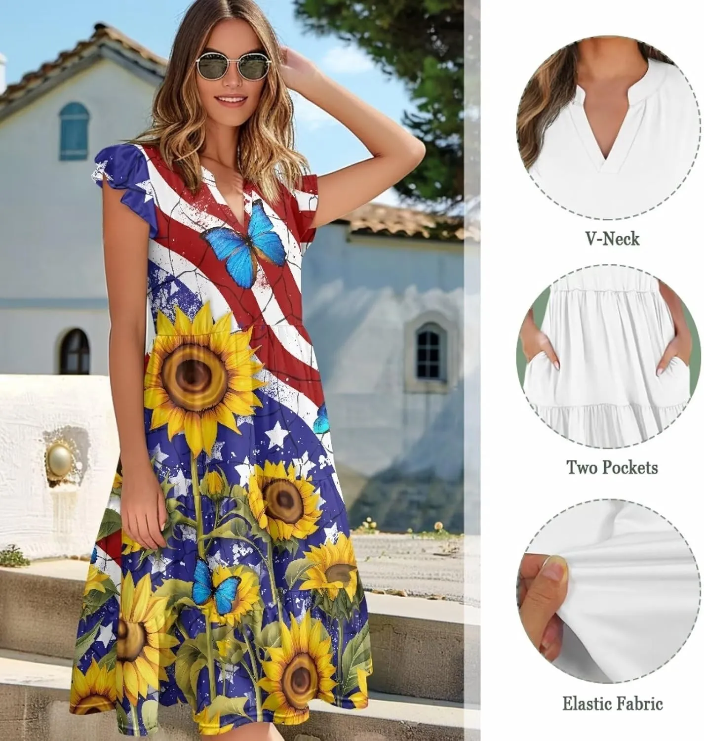 Women's Dresses V Collar Ruffle Sleeve Summer Flowy Dress Sleeveless Elegant Sundress Loose
