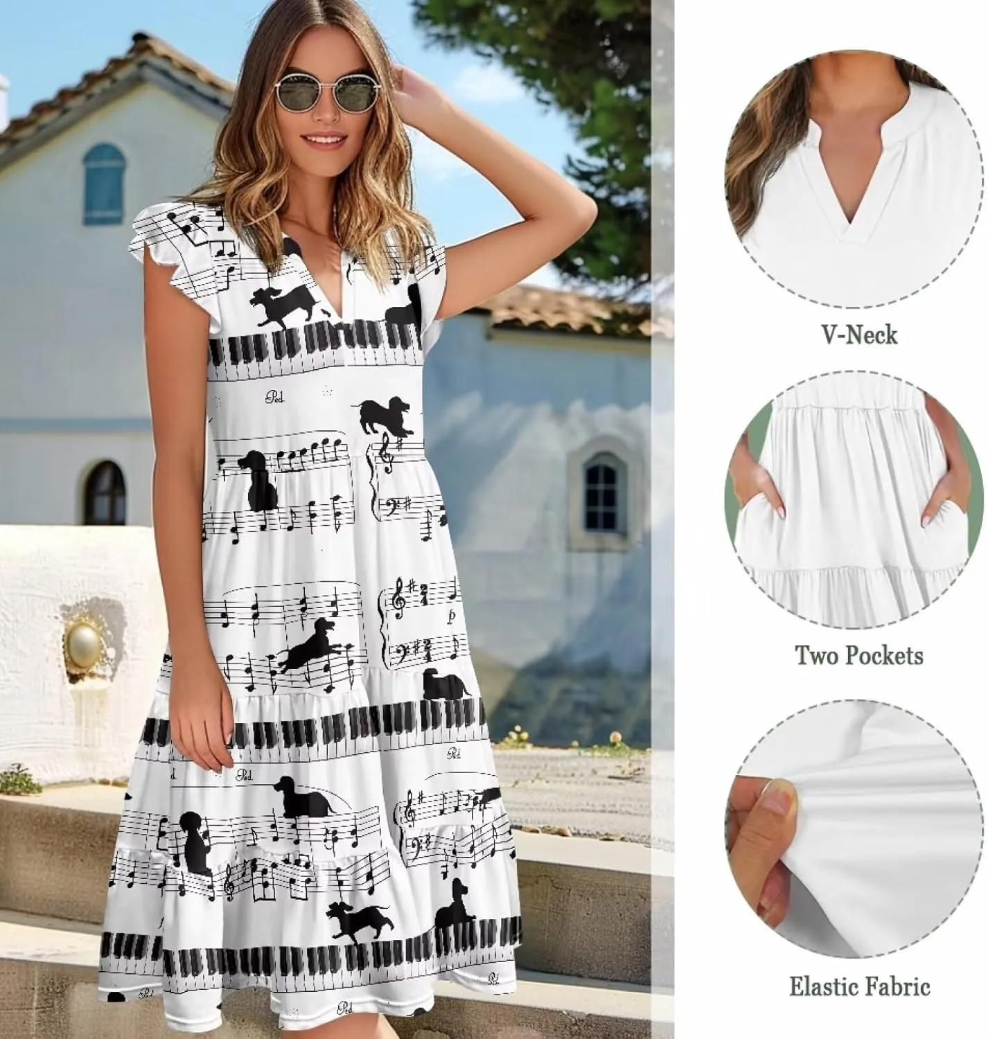 Women's Dresses V Collar Ruffle Sleeve Summer Flowy Dress Sleeveless Elegant Sundress Loose