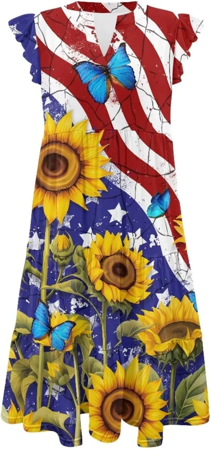 Women's Dresses V Collar Ruffle Sleeve Summer Flowy Dress Sleeveless Elegant Sundress Loose