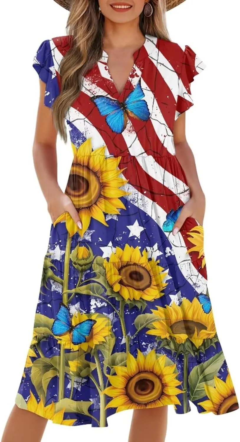Women's Dresses V Collar Ruffle Sleeve Summer Flowy Dress Sleeveless Elegant Sundress Loose