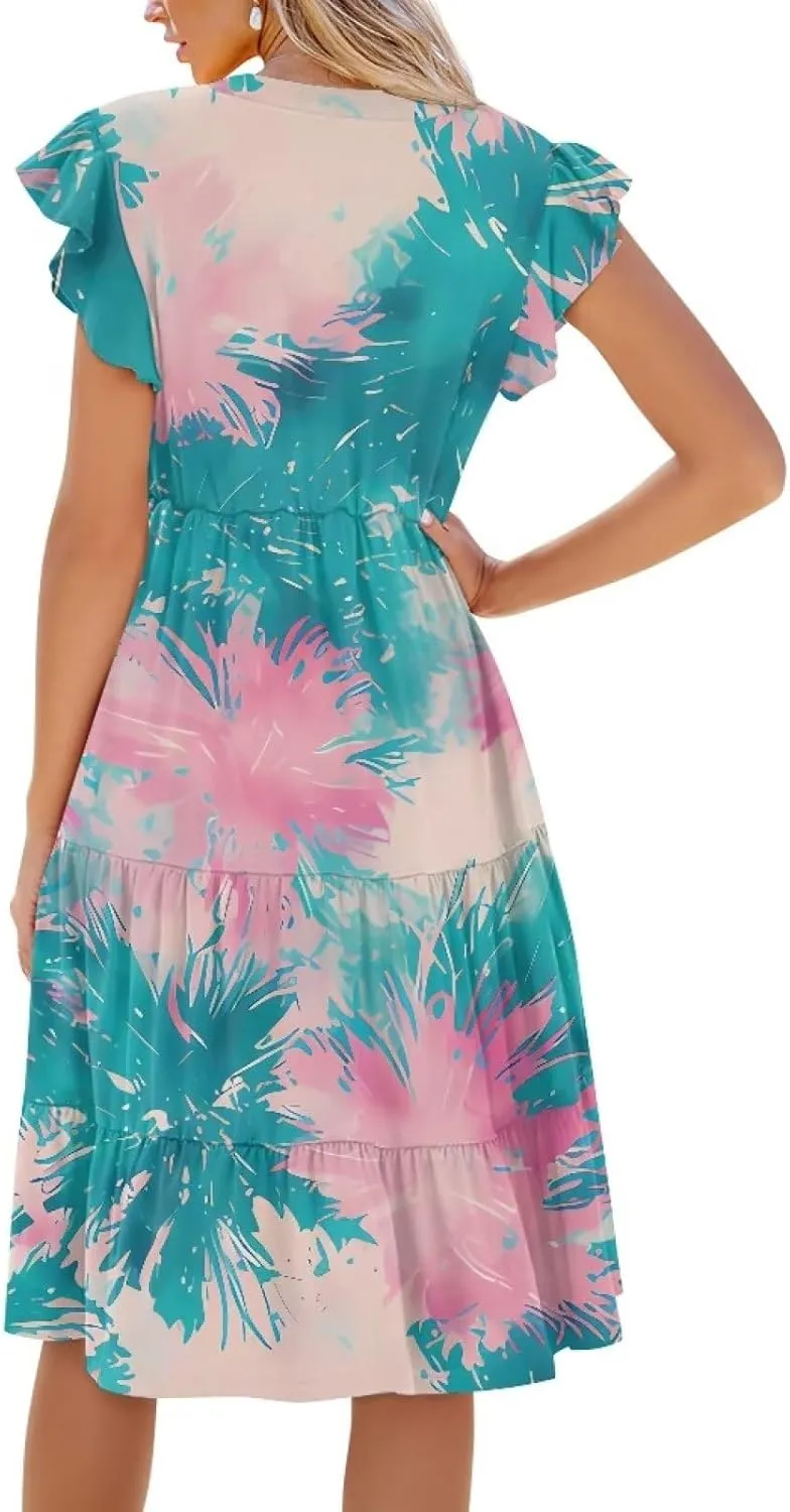 Women's Dresses V Collar Ruffle Sleeve Summer Flowy Dress Sleeveless Elegant Sundress Loose