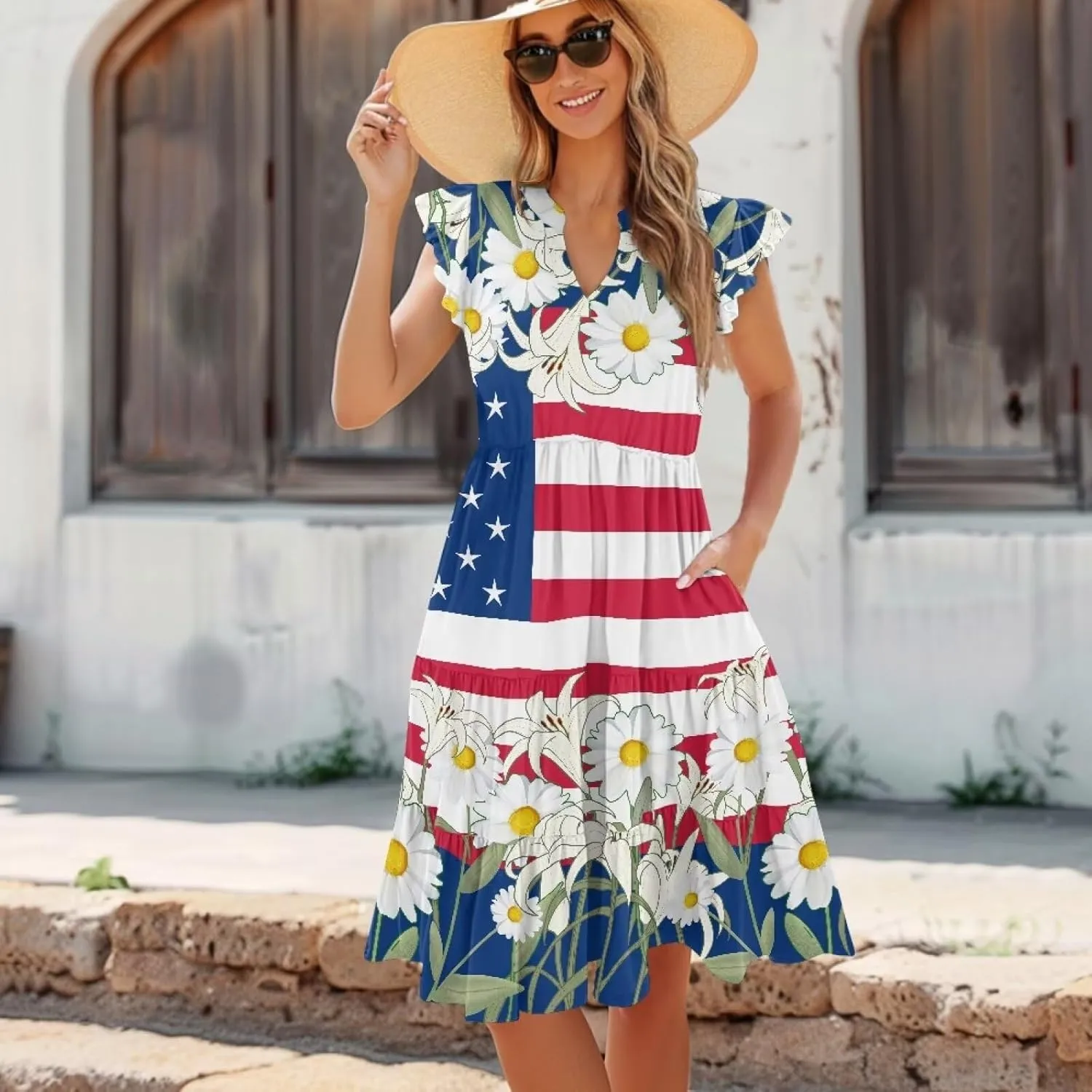 Women's Dresses V Collar Ruffle Sleeve Summer Flowy Dress Sleeveless Elegant Sundress Loose