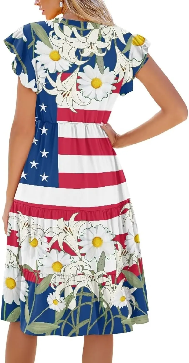 Women's Dresses V Collar Ruffle Sleeve Summer Flowy Dress Sleeveless Elegant Sundress Loose