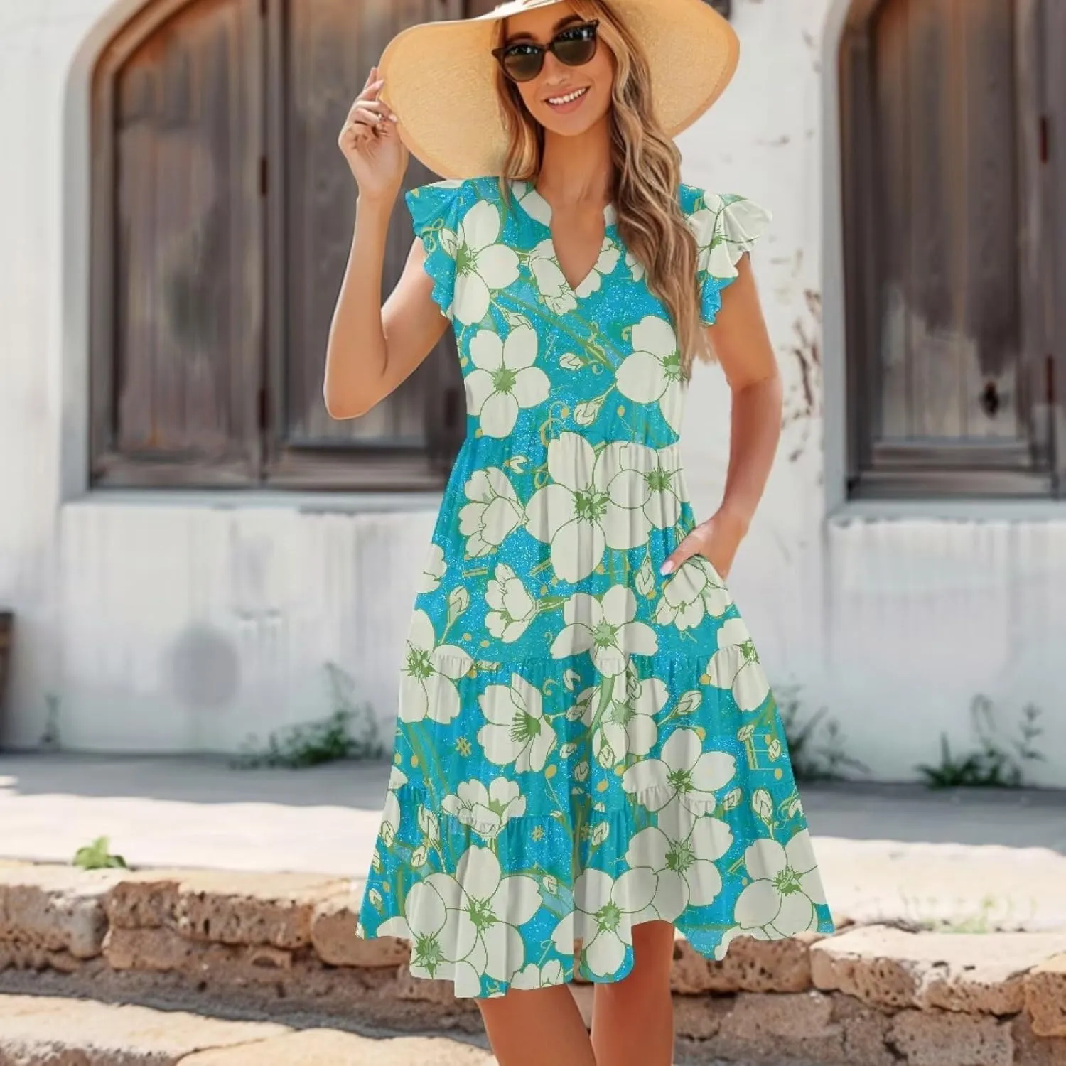 Women's Dresses V Collar Ruffle Sleeve Summer Flowy Dress Sleeveless Elegant Sundress Loose