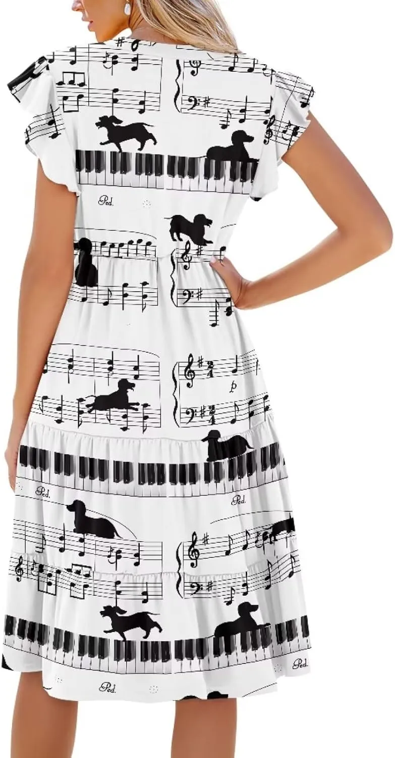 Women's Dresses V Collar Ruffle Sleeve Summer Flowy Dress Sleeveless Elegant Sundress Loose