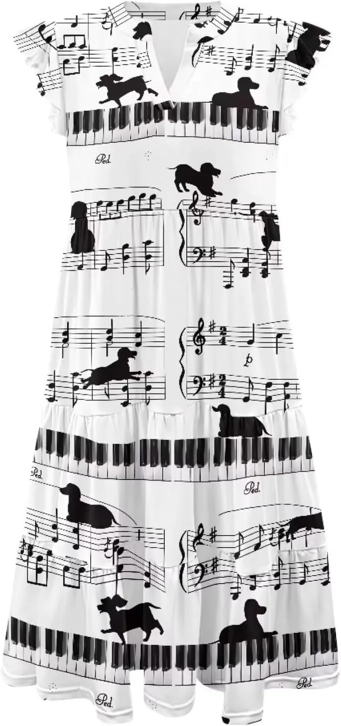 Women's Dresses V Collar Ruffle Sleeve Summer Flowy Dress Sleeveless Elegant Sundress Loose