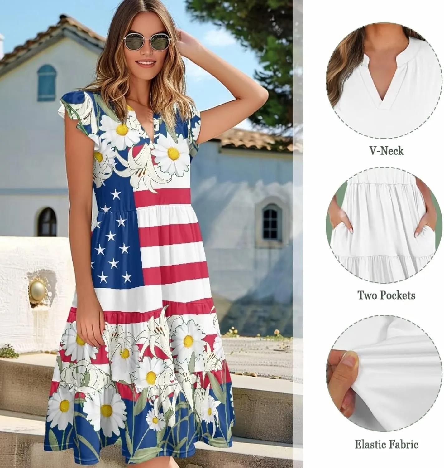 Women's Dresses V Collar Ruffle Sleeve Summer Flowy Dress Sleeveless Elegant Sundress Loose