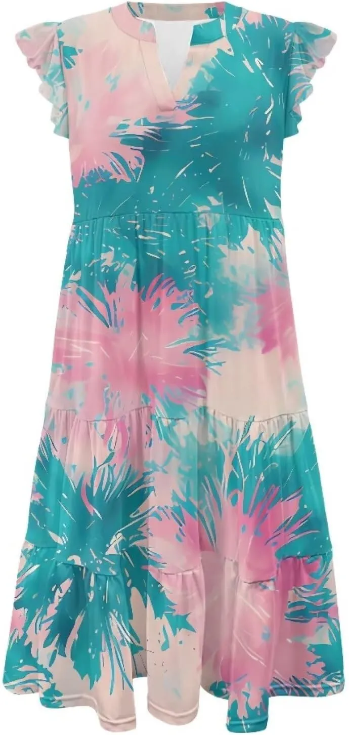 Women's Dresses V Collar Ruffle Sleeve Summer Flowy Dress Sleeveless Elegant Sundress Loose