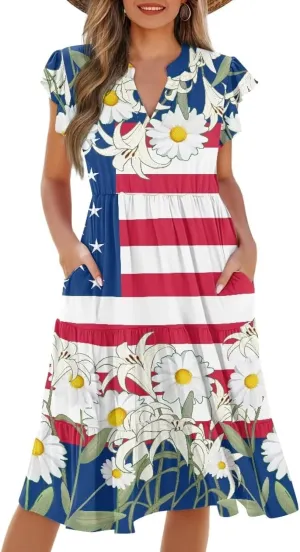 Women's Dresses V Collar Ruffle Sleeve Summer Flowy Dress Sleeveless Elegant Sundress Loose