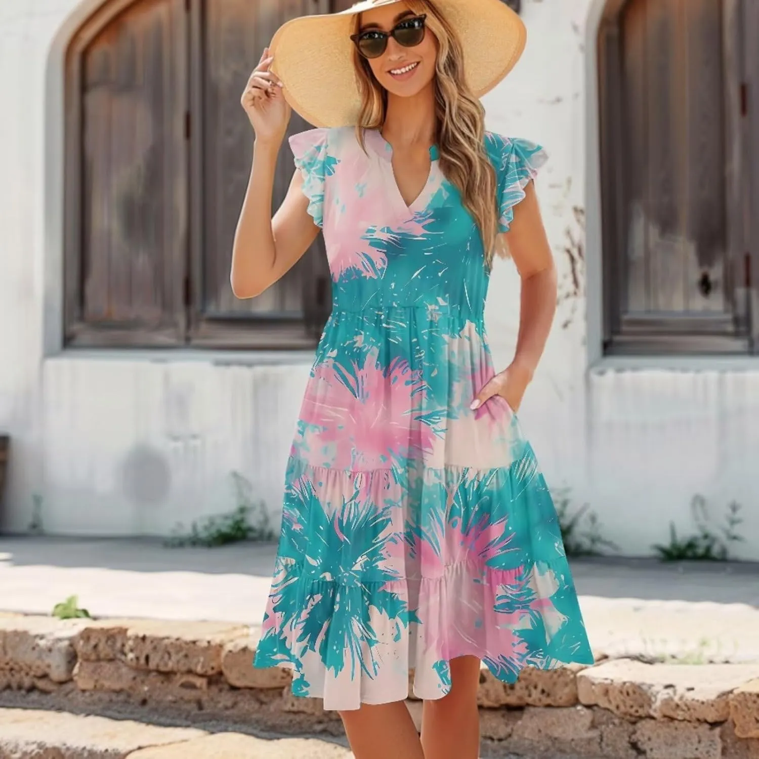 Women's Dresses V Collar Ruffle Sleeve Summer Flowy Dress Sleeveless Elegant Sundress Loose