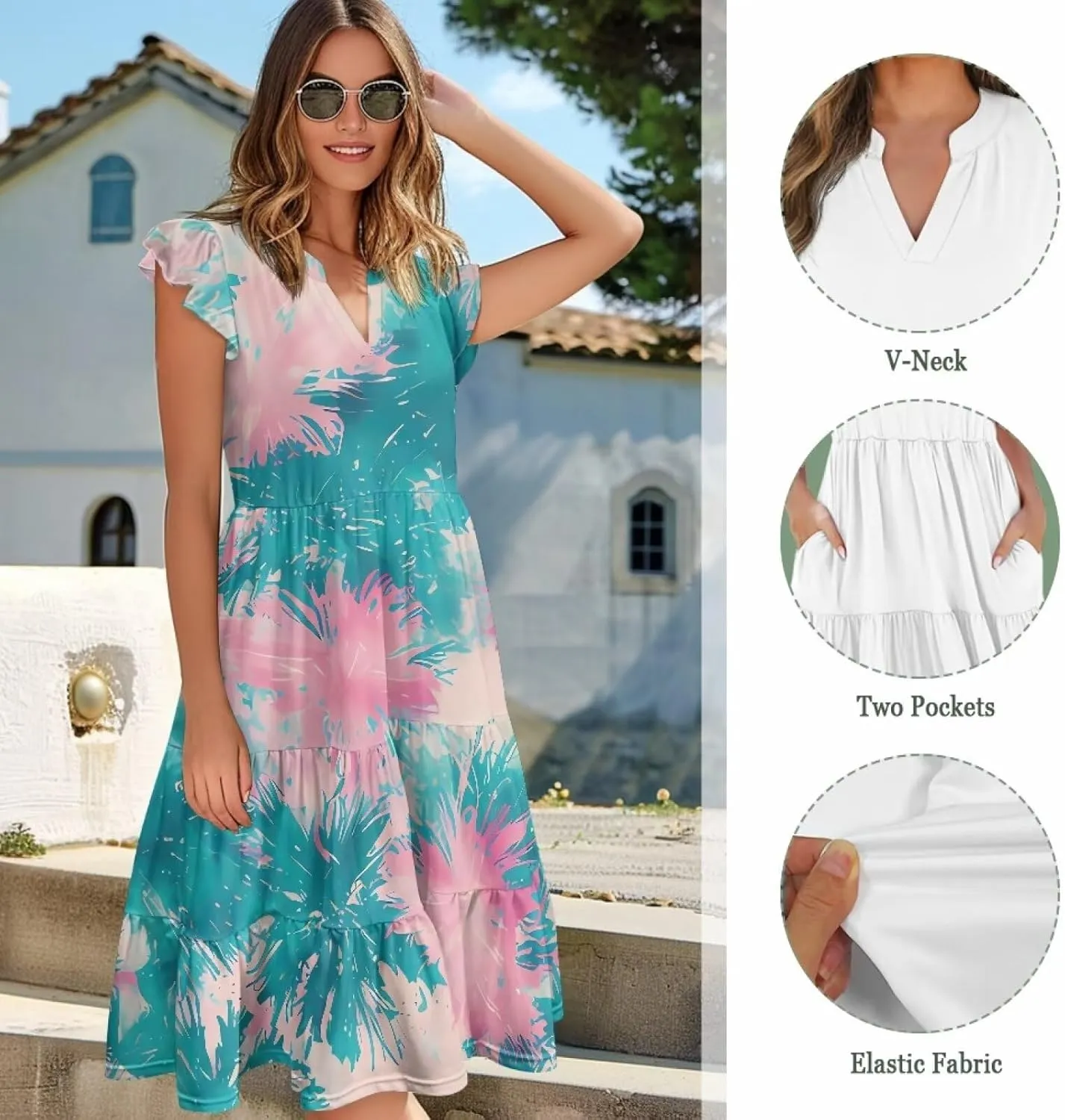 Women's Dresses V Collar Ruffle Sleeve Summer Flowy Dress Sleeveless Elegant Sundress Loose
