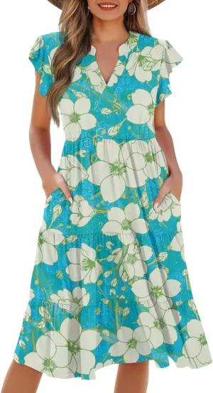 Women's Dresses V Collar Ruffle Sleeve Summer Flowy Dress Sleeveless Elegant Sundress Loose