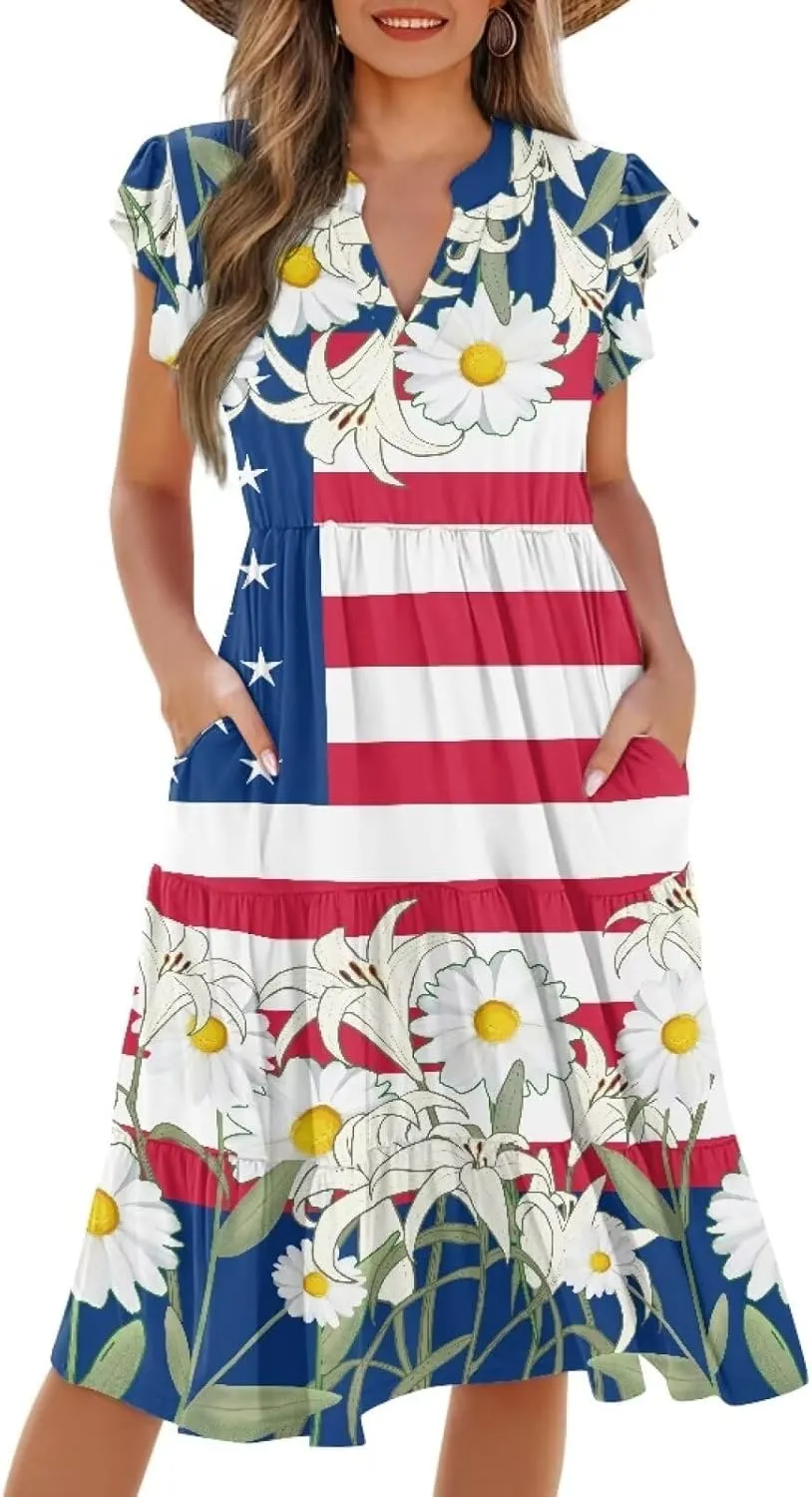 Women's Dresses V Collar Ruffle Sleeve Summer Flowy Dress Sleeveless Elegant Sundress Loose