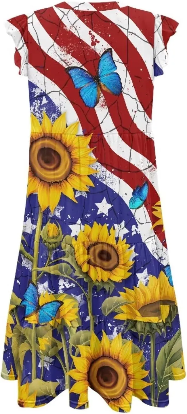 Women's Dresses V Collar Ruffle Sleeve Summer Flowy Dress Sleeveless Elegant Sundress Loose