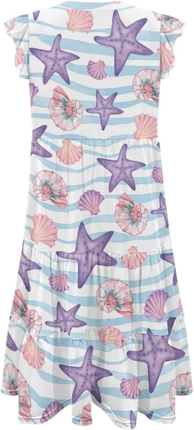 Women's Dresses V Collar Ruffle Sleeve Summer Flowy Dress Sleeveless Elegant Sundress Loose