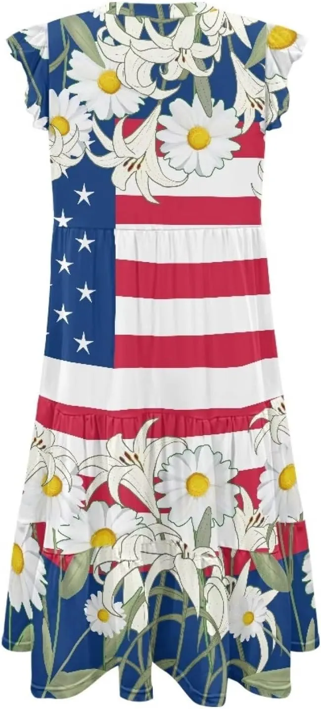 Women's Dresses V Collar Ruffle Sleeve Summer Flowy Dress Sleeveless Elegant Sundress Loose