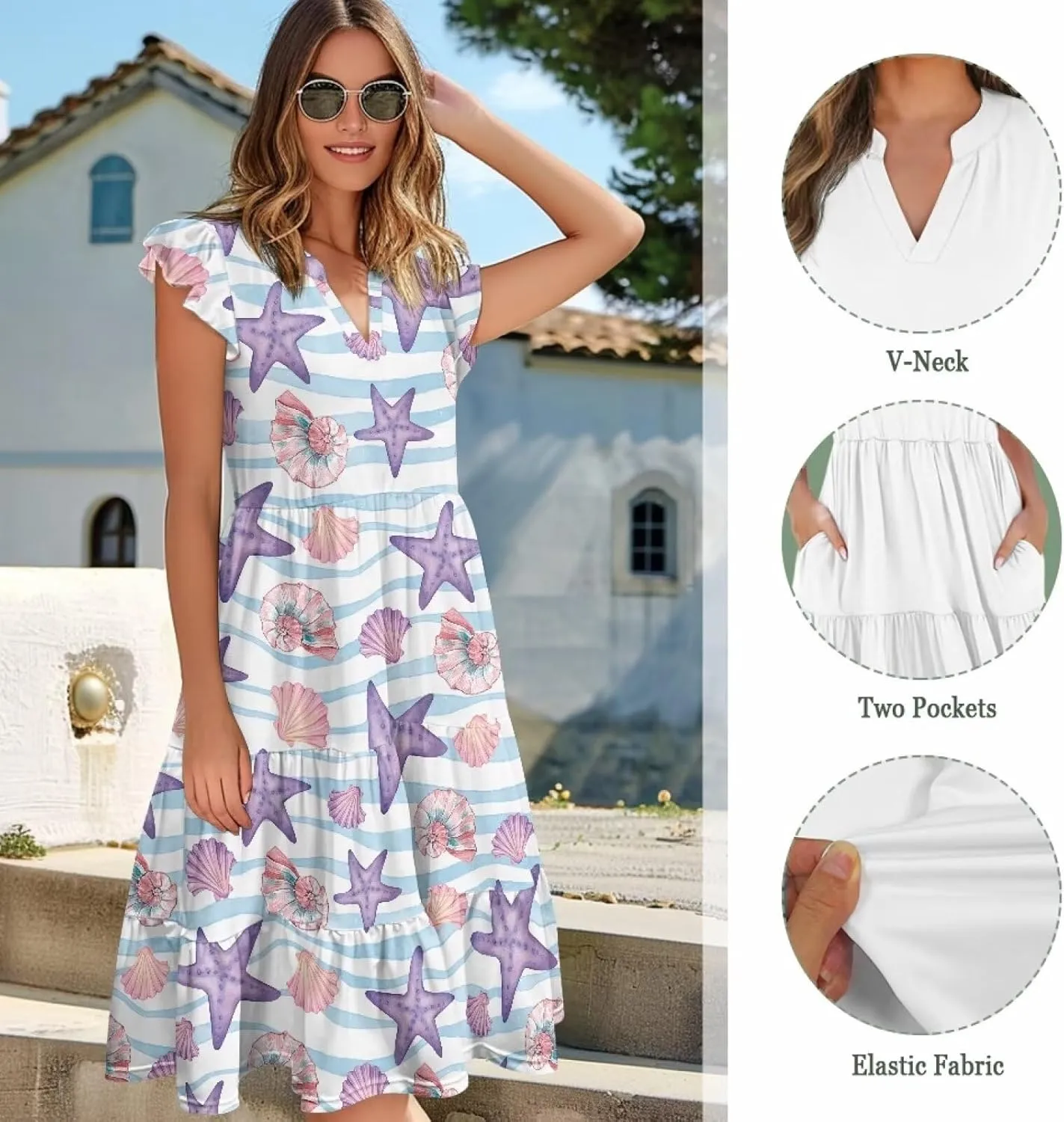 Women's Dresses V Collar Ruffle Sleeve Summer Flowy Dress Sleeveless Elegant Sundress Loose