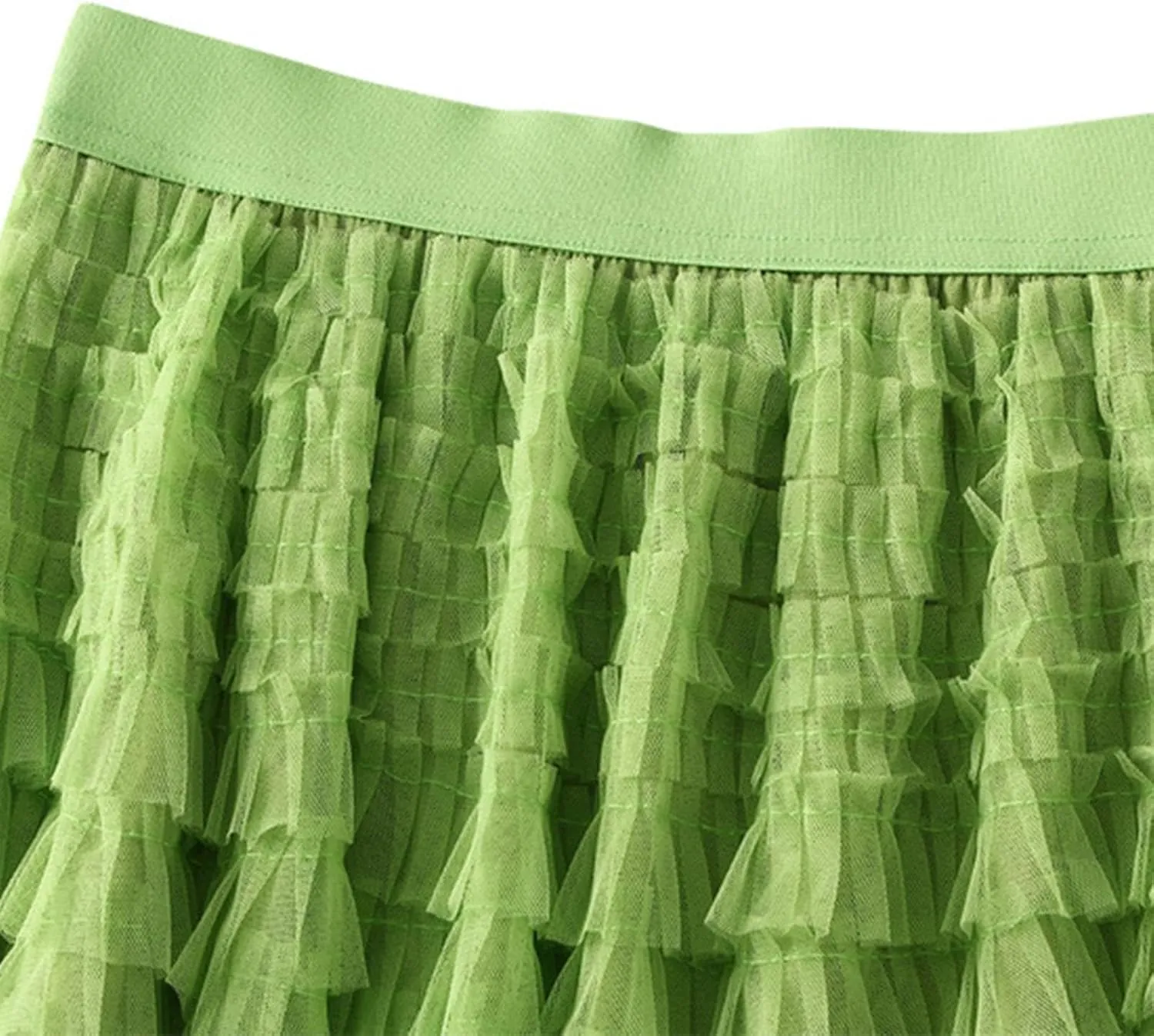 Women's Fairy Tulle Midi Skirt Sweet Elastic High Waist A-Line Ruffle Tiered Layered Mesh Puffy Long Maxi Skirt