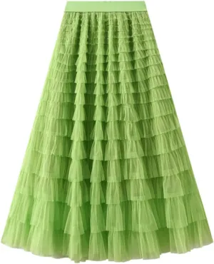 Women's Fairy Tulle Midi Skirt Sweet Elastic High Waist A-Line Ruffle Tiered Layered Mesh Puffy Long Maxi Skirt