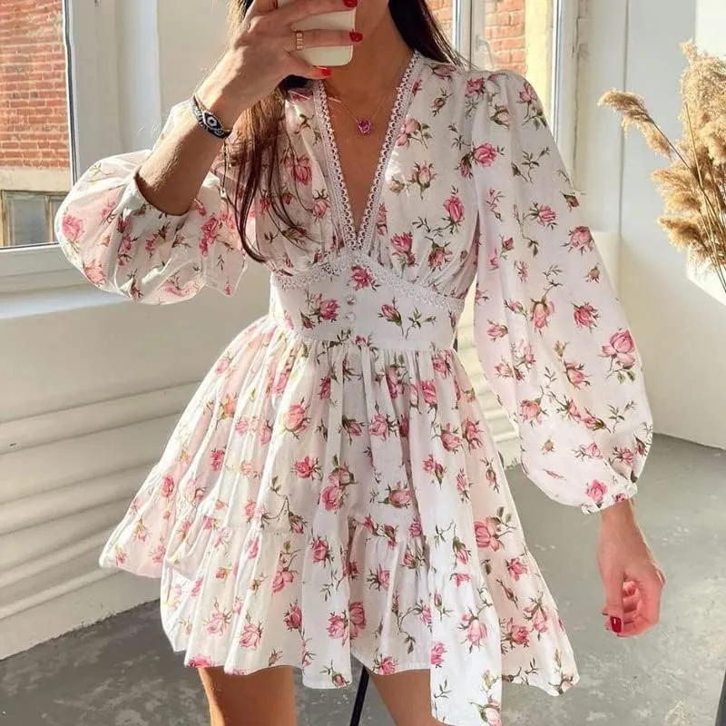 Women's Floral Ruffle Flowy Dress Elegant Sweet Lace Printed V-Neck Long Sleeved Mini Dress