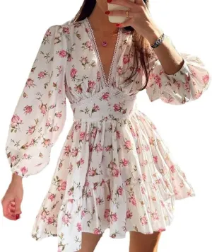 Women's Floral Ruffle Flowy Dress Elegant Sweet Lace Printed V-Neck Long Sleeved Mini Dress