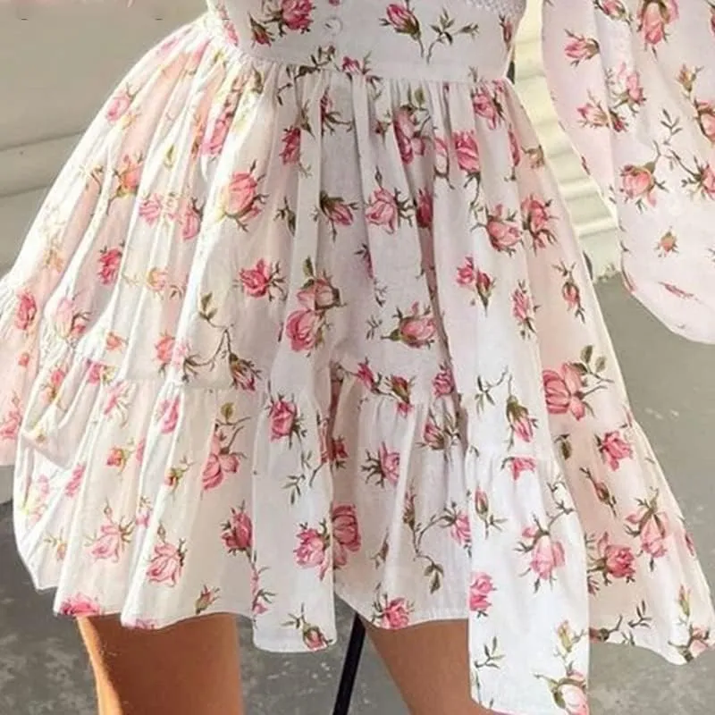 Women's Floral Ruffle Flowy Dress Elegant Sweet Lace Printed V-Neck Long Sleeved Mini Dress