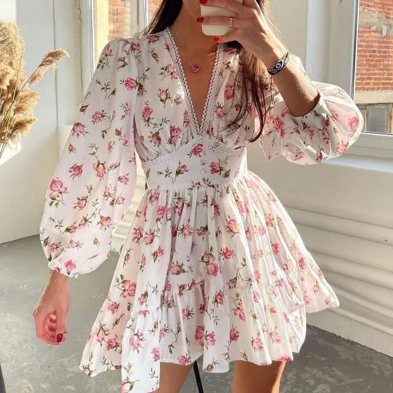 Women's Floral Ruffle Flowy Dress Elegant Sweet Lace Printed V-Neck Long Sleeved Mini Dress