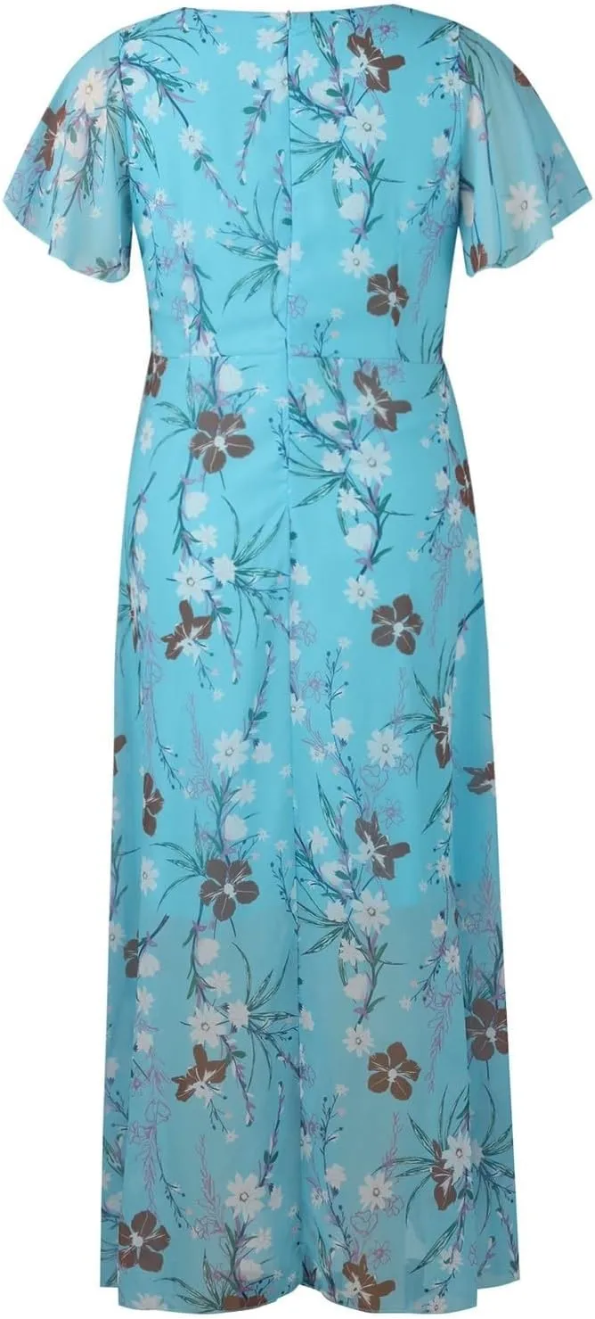 Womens Floral Summer Dress Sundresses for Women Chiffon Short Sleeve V Neck A-Line Ruffle Flowy Maxi Dress Casual 2025