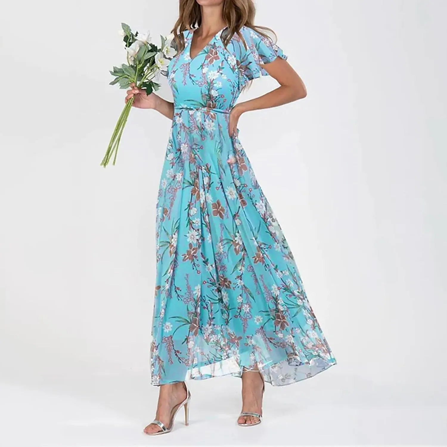 Womens Floral Summer Dress Sundresses for Women Chiffon Short Sleeve V Neck A-Line Ruffle Flowy Maxi Dress Casual 2025