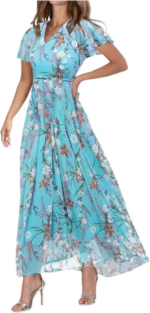 Womens Floral Summer Dress Sundresses for Women Chiffon Short Sleeve V Neck A-Line Ruffle Flowy Maxi Dress Casual 2025