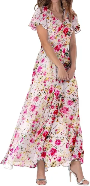 Womens Floral Summer Dress Sundresses for Women Chiffon Short Sleeve V Neck A-Line Ruffle Flowy Maxi Dress Casual