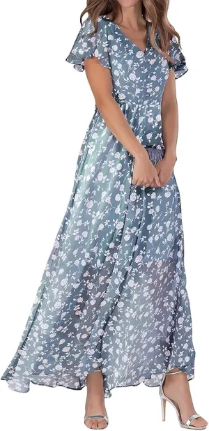 Womens Floral Summer Dress Sundresses for Women Chiffon Short Sleeve V Neck A-Line Ruffle Flowy Maxi Dress Casual