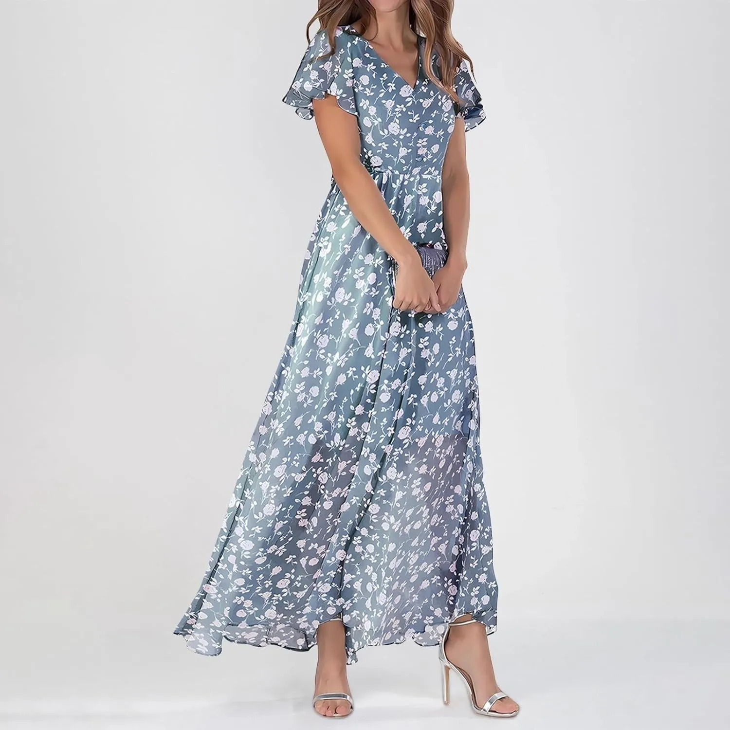 Womens Floral Summer Dress Sundresses for Women Chiffon Short Sleeve V Neck A-Line Ruffle Flowy Maxi Dress Casual