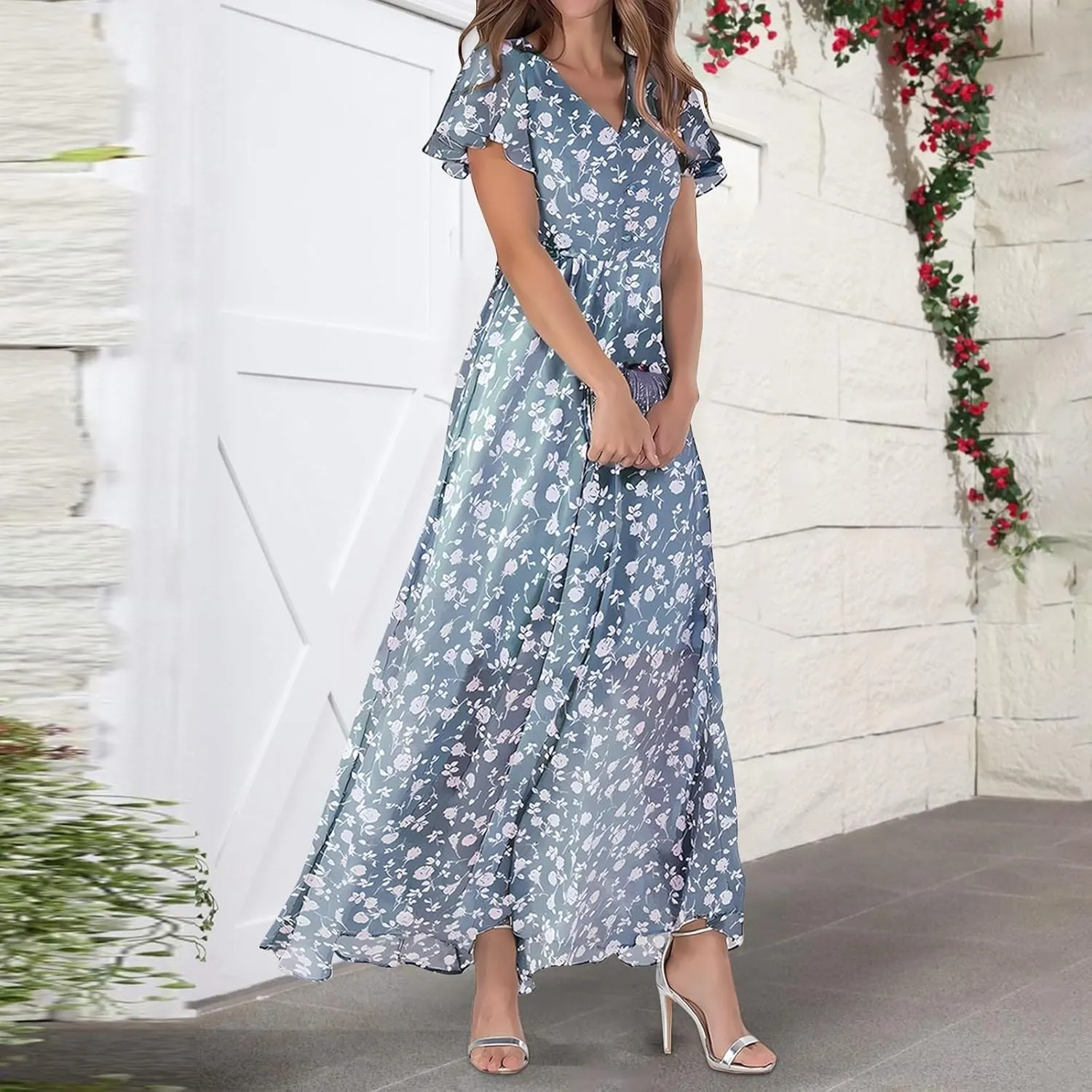 Womens Floral Summer Dress Sundresses for Women Chiffon Short Sleeve V Neck A-Line Ruffle Flowy Maxi Dress Casual