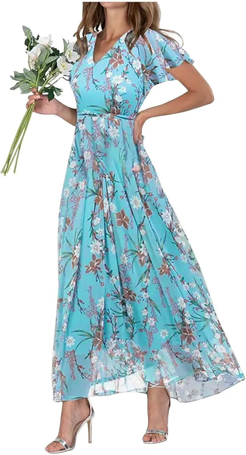 Womens Floral Summer Dress Sundresses for Women Short Sleeve V Neck a Line Chiffon Ruffle Flowy Maxi Dress Casual 2025