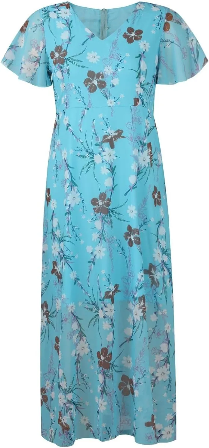 Womens Floral Summer Dress Sundresses for Women Short Sleeve V Neck a Line Chiffon Ruffle Flowy Maxi Dress Casual 2025