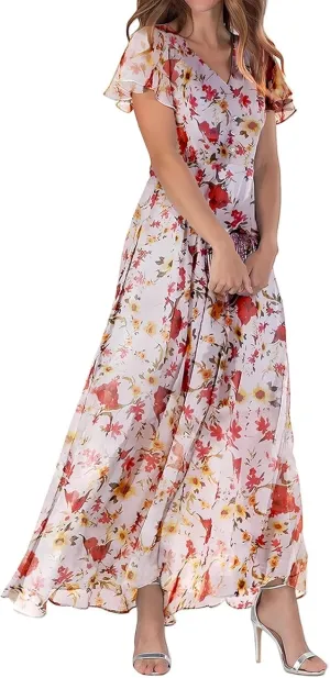 Womens Floral Summer Dress Sundresses for Women Short Sleeve V Neck a Line Chiffon Ruffle Flowy Maxi Dress Casual