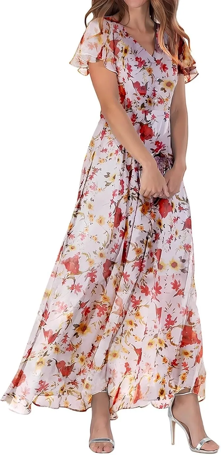 Womens Floral Summer Dress Sundresses for Women Short Sleeve V Neck a Line Chiffon Ruffle Flowy Maxi Dress Casual