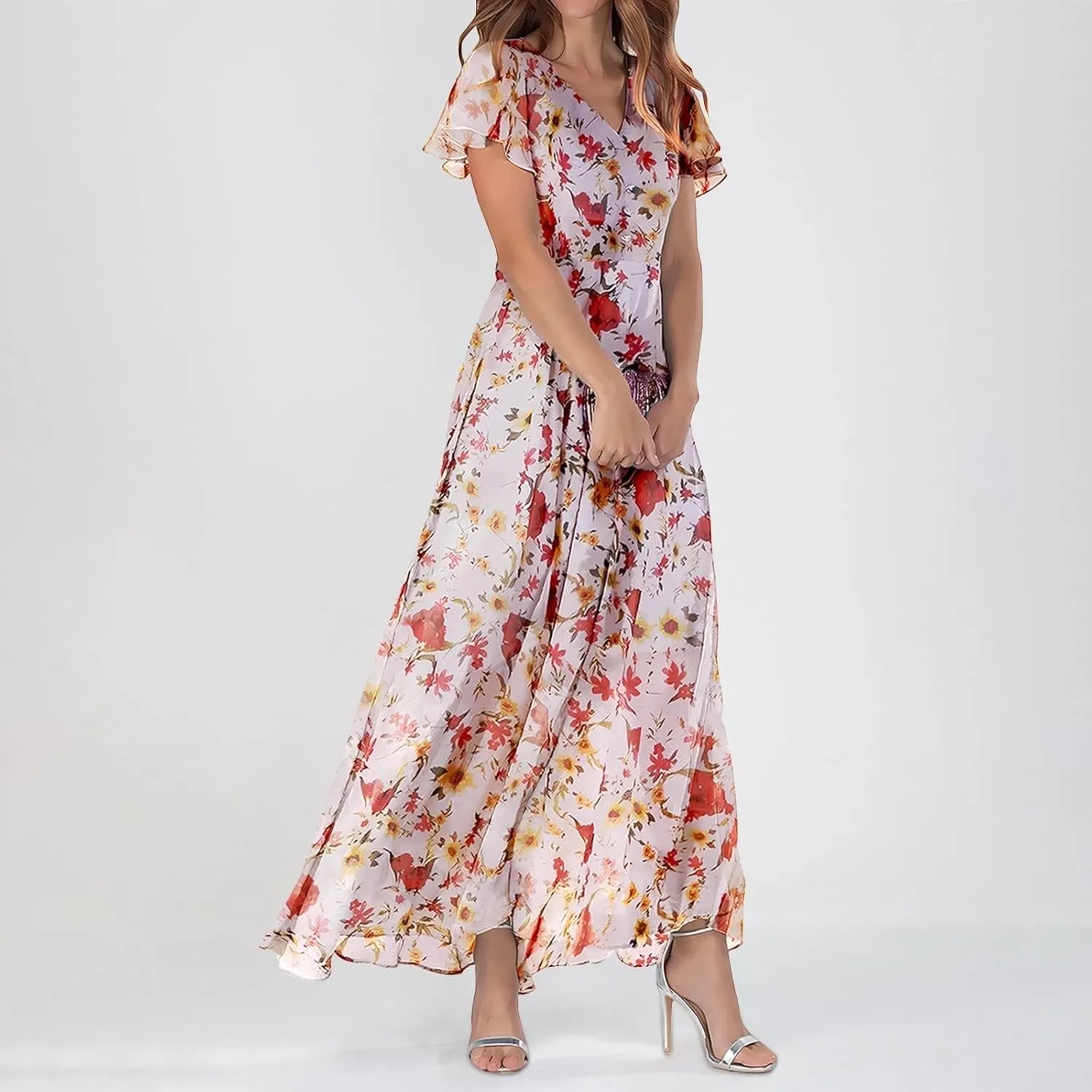 Womens Floral Summer Dress Sundresses for Women Short Sleeve V Neck a Line Chiffon Ruffle Flowy Maxi Dress Casual