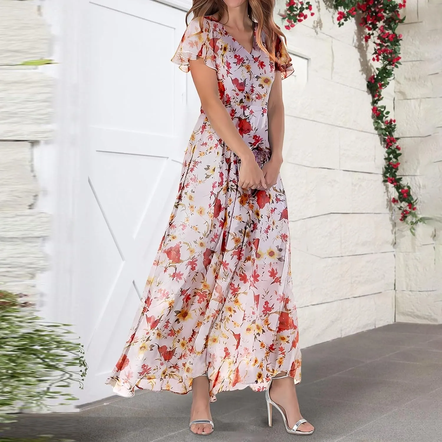 Womens Floral Summer Dress Sundresses for Women Short Sleeve V Neck a Line Chiffon Ruffle Flowy Maxi Dress Casual